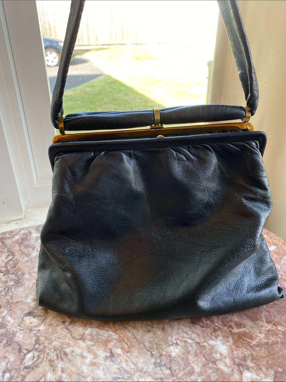 Vintage Jane Shilton  Black Leather Frame Handbag/ Purse made in England